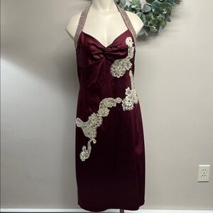 Vintage Papell Boutique Evening Dress Burgundy Satin Beaded Sequin Lace 10